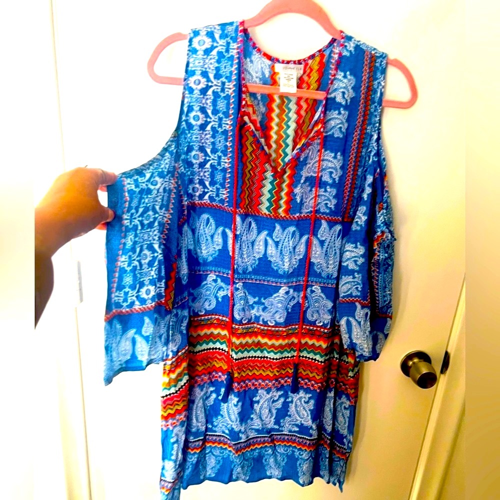 🌹LOVE KYLA NWOT 100% Viscose Bohemian Style Colorful Cold Shoulders XL Dress!